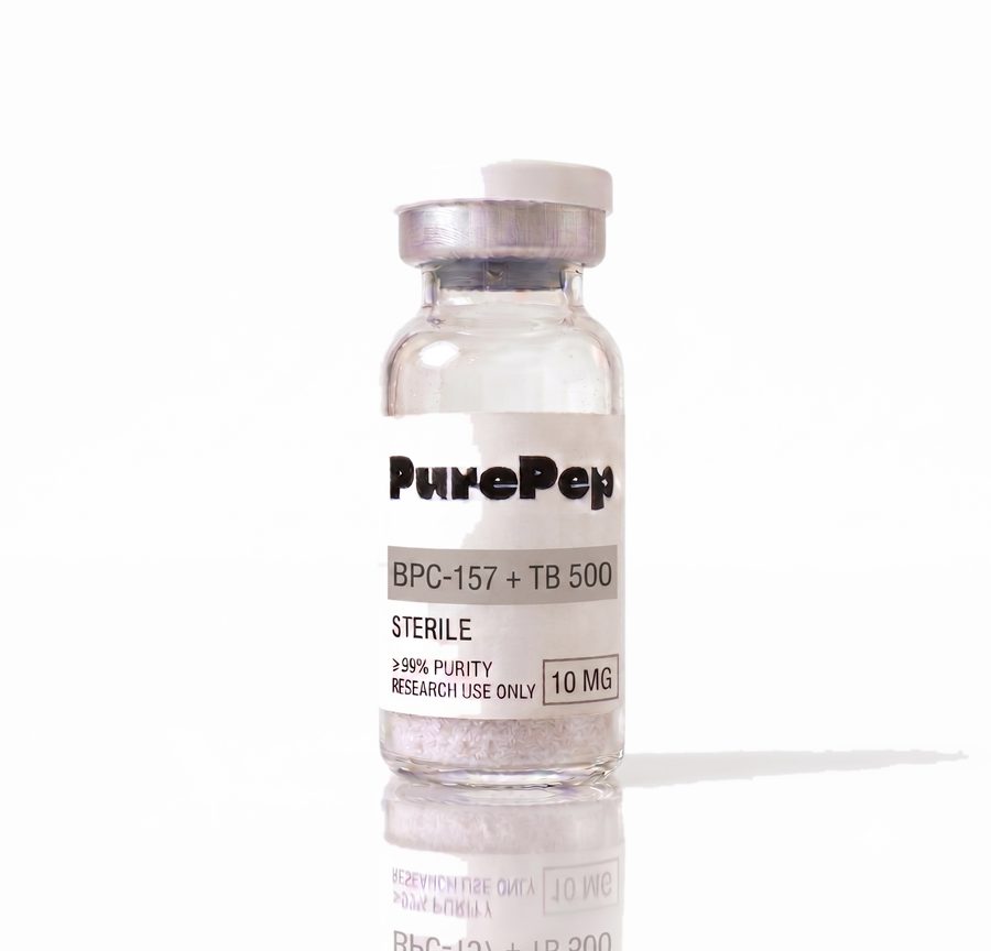 Flacon BPC-157/TB-500 PurePep Labs, étiquette verte, pureté HPLC ≥99%