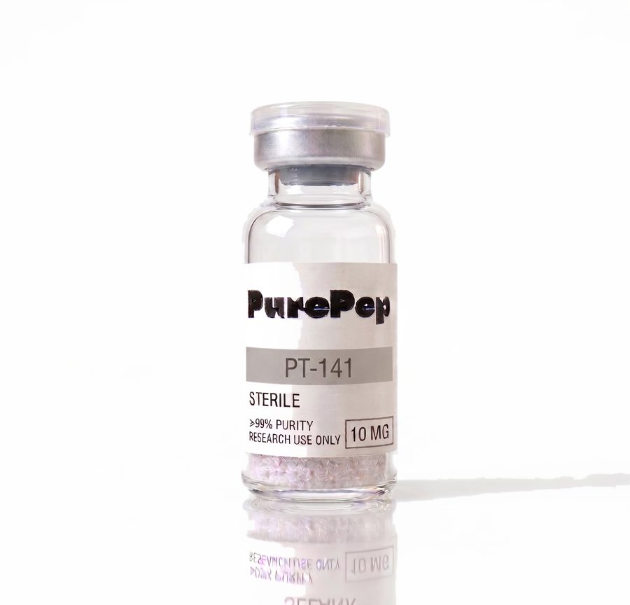 Flacon PT-141 10mg PurePep Labs, étiquette verte, pureté HPLC ≥99%
