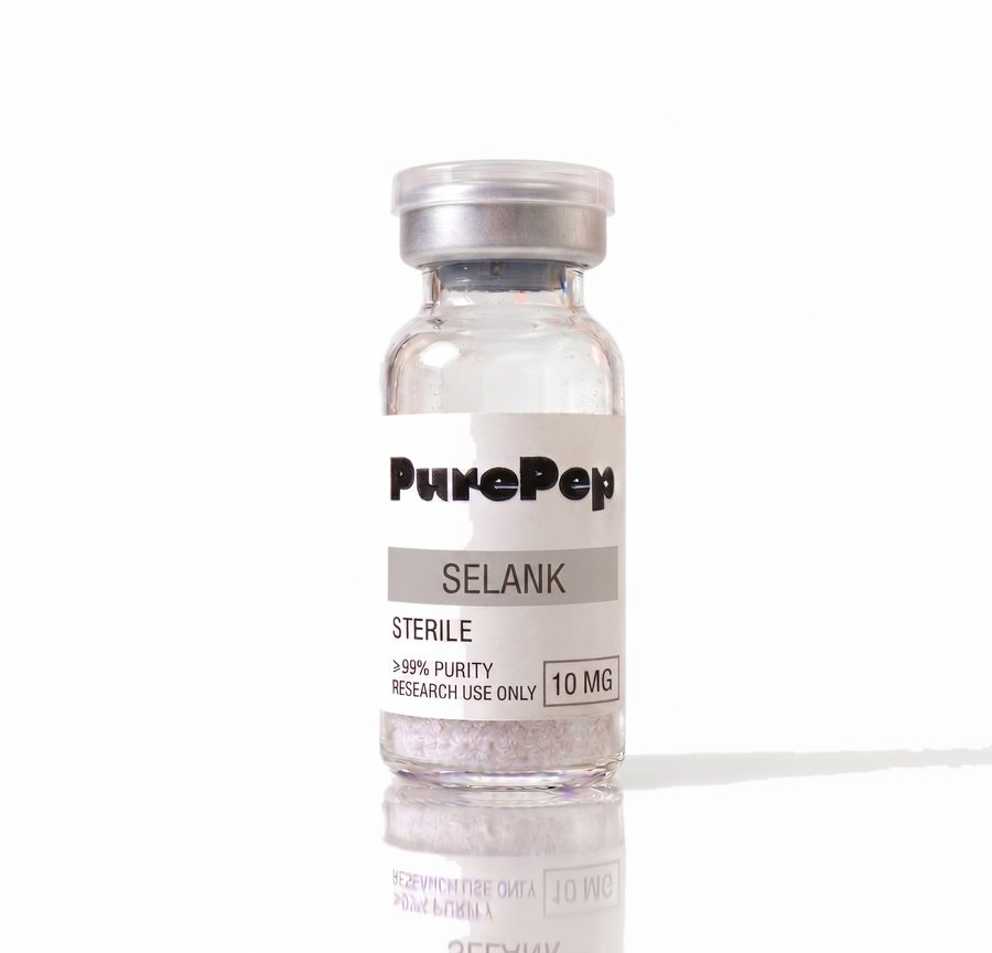 Flacon Selank 10mg PurePep Labs, étiquette verte, pureté HPLC ≥99%